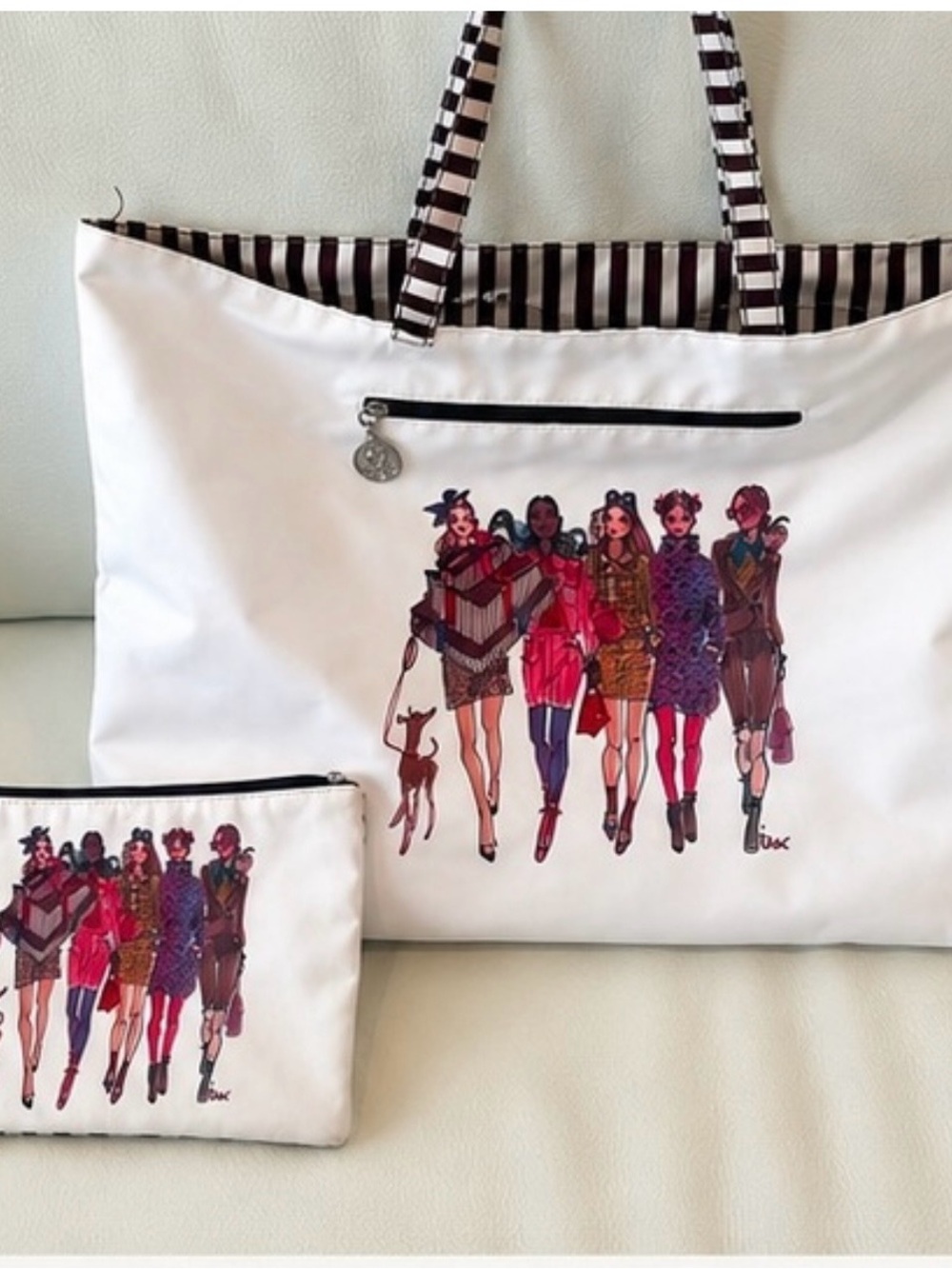Henri Bendel Reversible White Nylon Tote with Matching Cosmetics Pouch